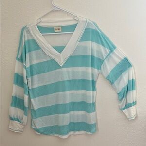 BiBi Aqua & White Striped V-Neck Pullover Top